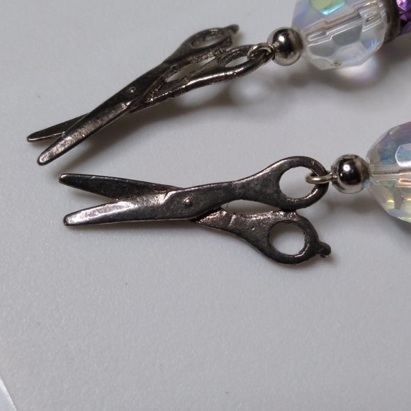 Vintage Glass Bead Metal Scissors Dangle Earrings - Picture 10 of 15